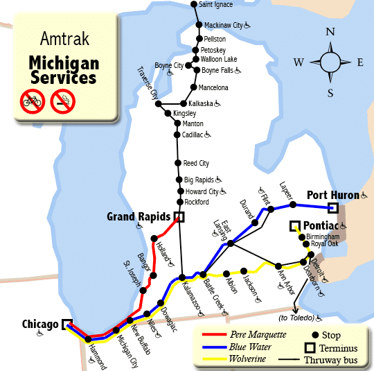 Amtrak Michigan Services Map. The Bluewater is the blue line.
