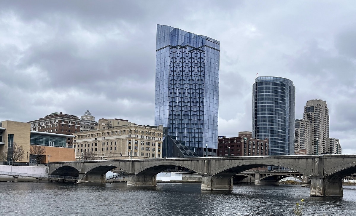 view of downtown grand rapids across the river from the gerald ford museum.