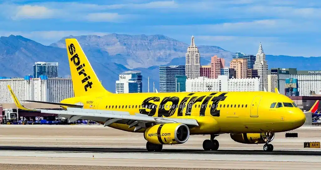 Spirit Airlines landing at Harry Reid International Airport in Las Vegas, Nevada