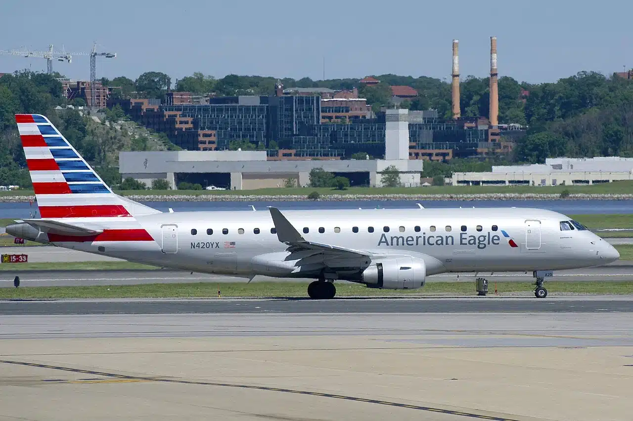 American Eagle Embraer 175 taxing around Washington National International Airport.