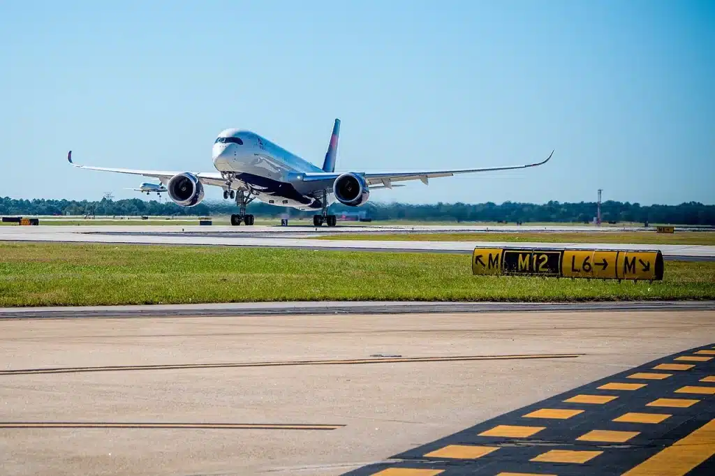 The A350 lifting off the runway on takeoff.