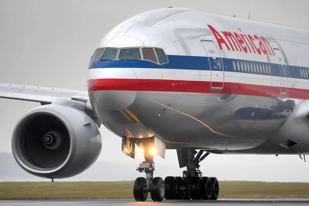 American Airlines Boeing 777 in it's bare aluminum livery.