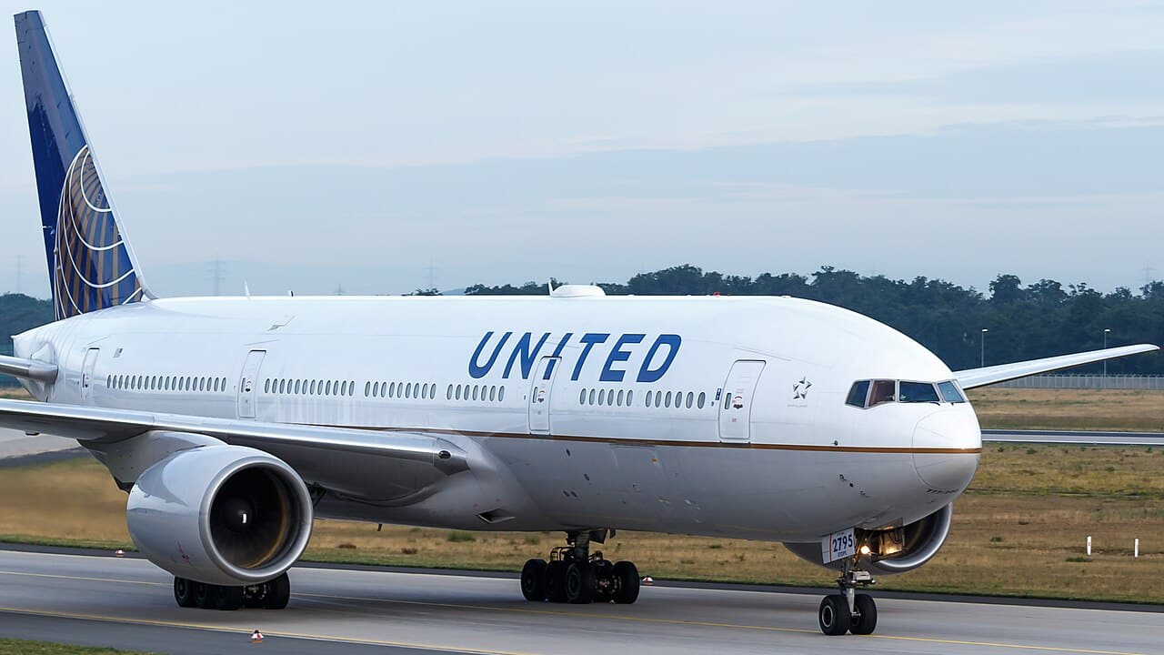 United Boeing 777 taxing to the gate.