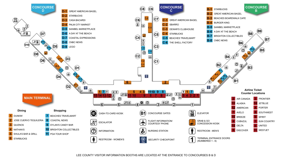 This is a breakdown of the main terminal found at Southwest Florida International Airport.
