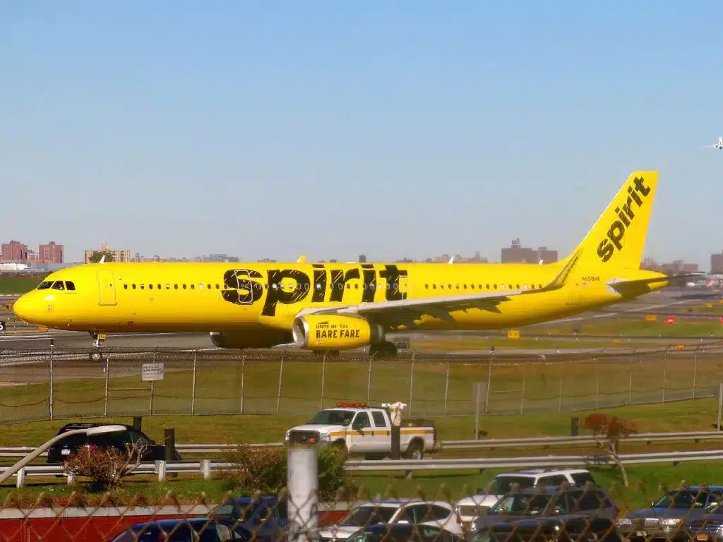 Spirit Airlines Airbus A321 taxiing at LaGuardia Airport in NYC.