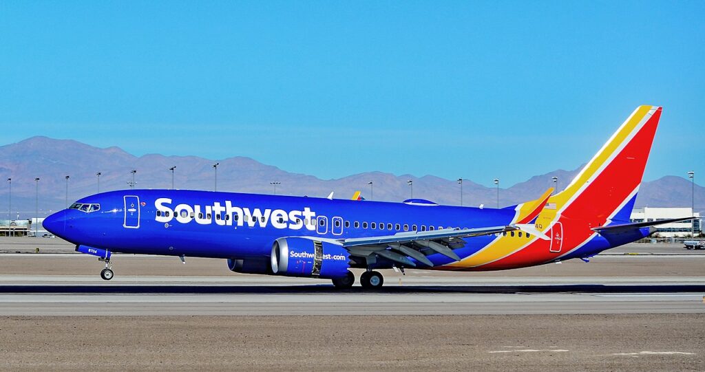 Southwest 737 MAX 8 Landing at Las Vegas. The Max variant are the newest type of Boeing 737 entering service for Southwest Airlines.