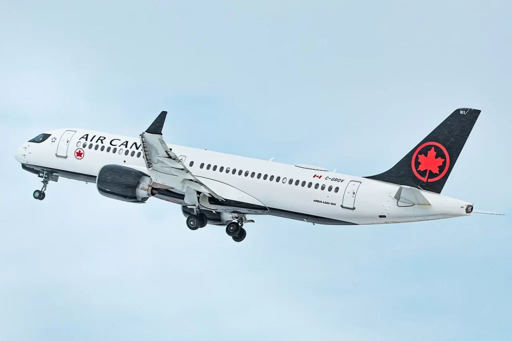 The Airbus A220 is a newer aircraft for Air Canada. It has the range to fly transcontinentally however, it usually flies shorter routes like between New York and Montreal.