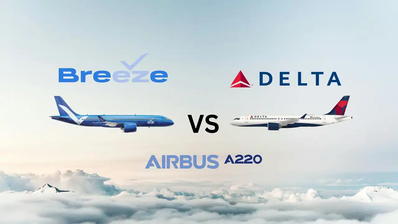 In this guide, we compare Delta's and Breeze's Airbus A220-300 product.