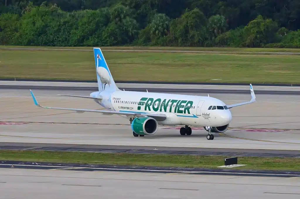 Frontier Airbus A320neo taxiing on the ramp.