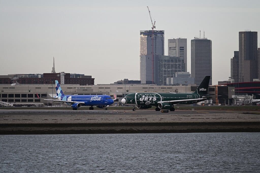 JetBlue Airways at Boston-Logan in the New York Jets and Mint Livery.