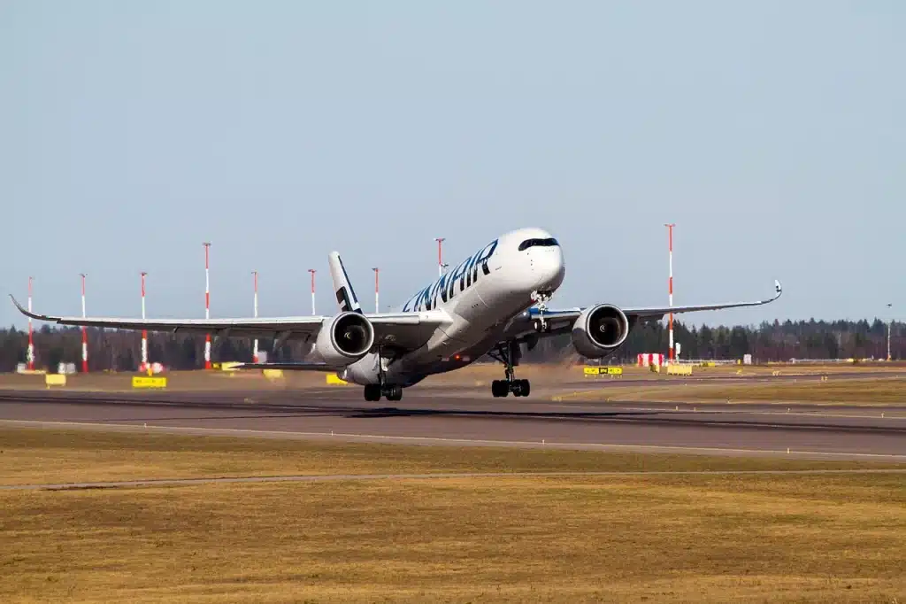 Finnair Airbus A350 taking off from the runway.