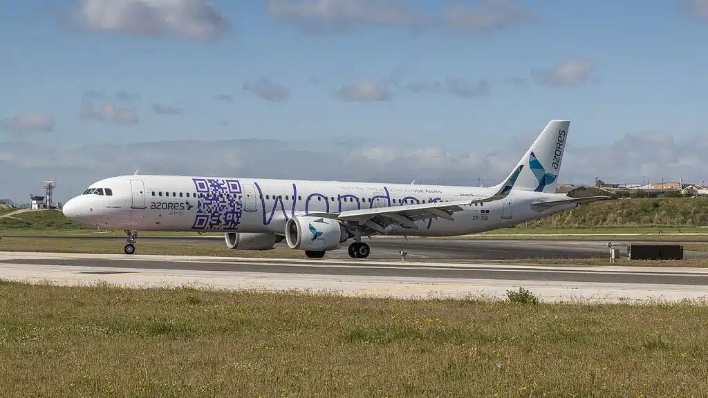 Azores' Airbus A321neo taxiing in the Netherlands.
