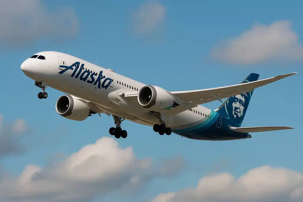A rendering of a Boeing 787 Dreamliner in Alaska Airlines livery.