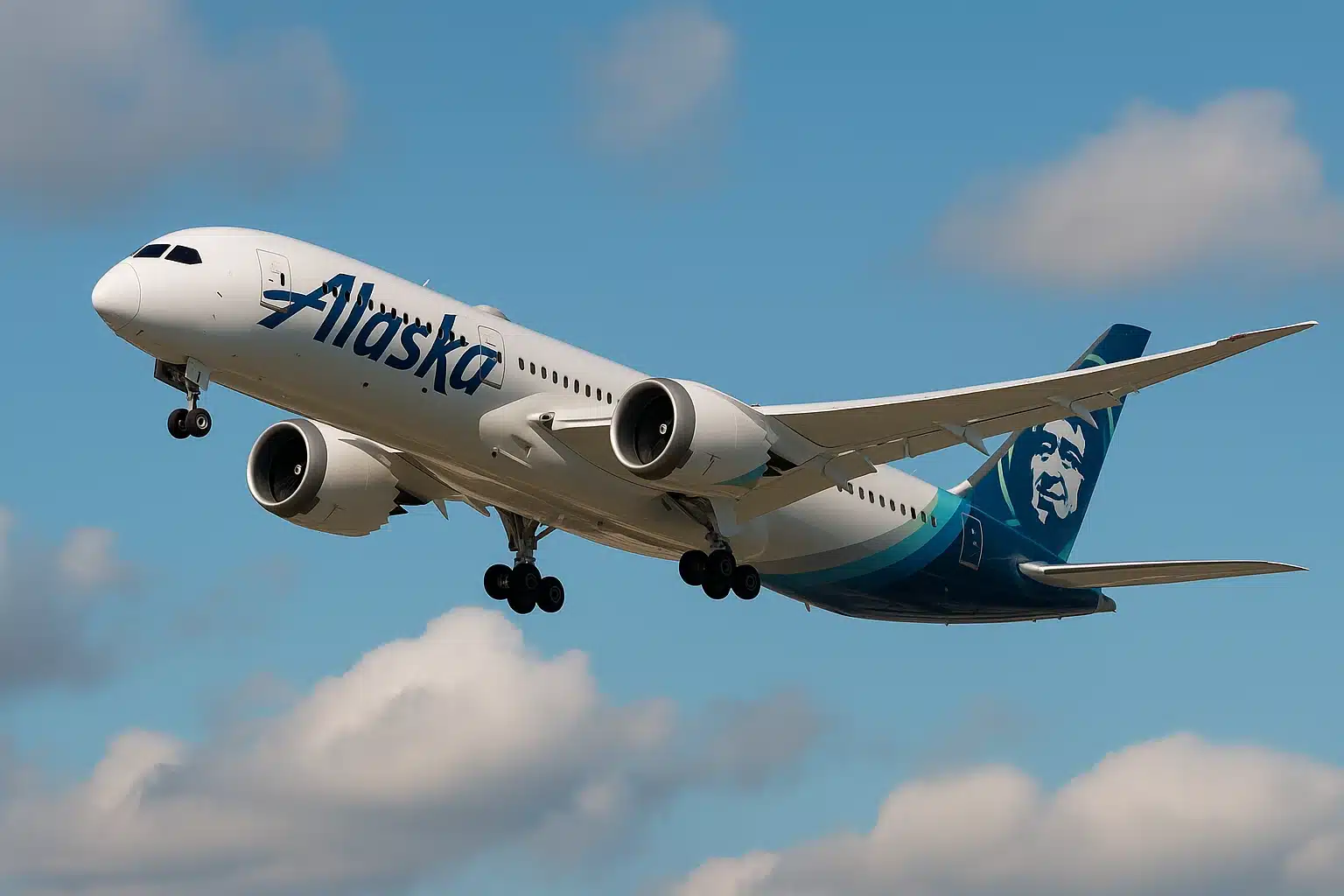 A rendering of a Boeing 787 Dreamliner in Alaska Airlines livery.