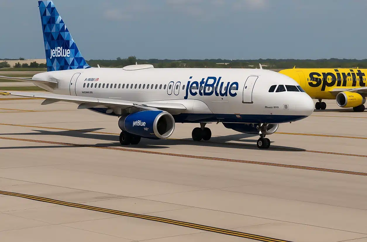 AI generated image of a JetBlue Airbus A320 taxiing in front of a Spirit Airlines A320.