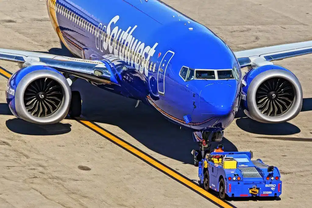 Southwest Boeing 737 Max 8 being pushed back from the gate.