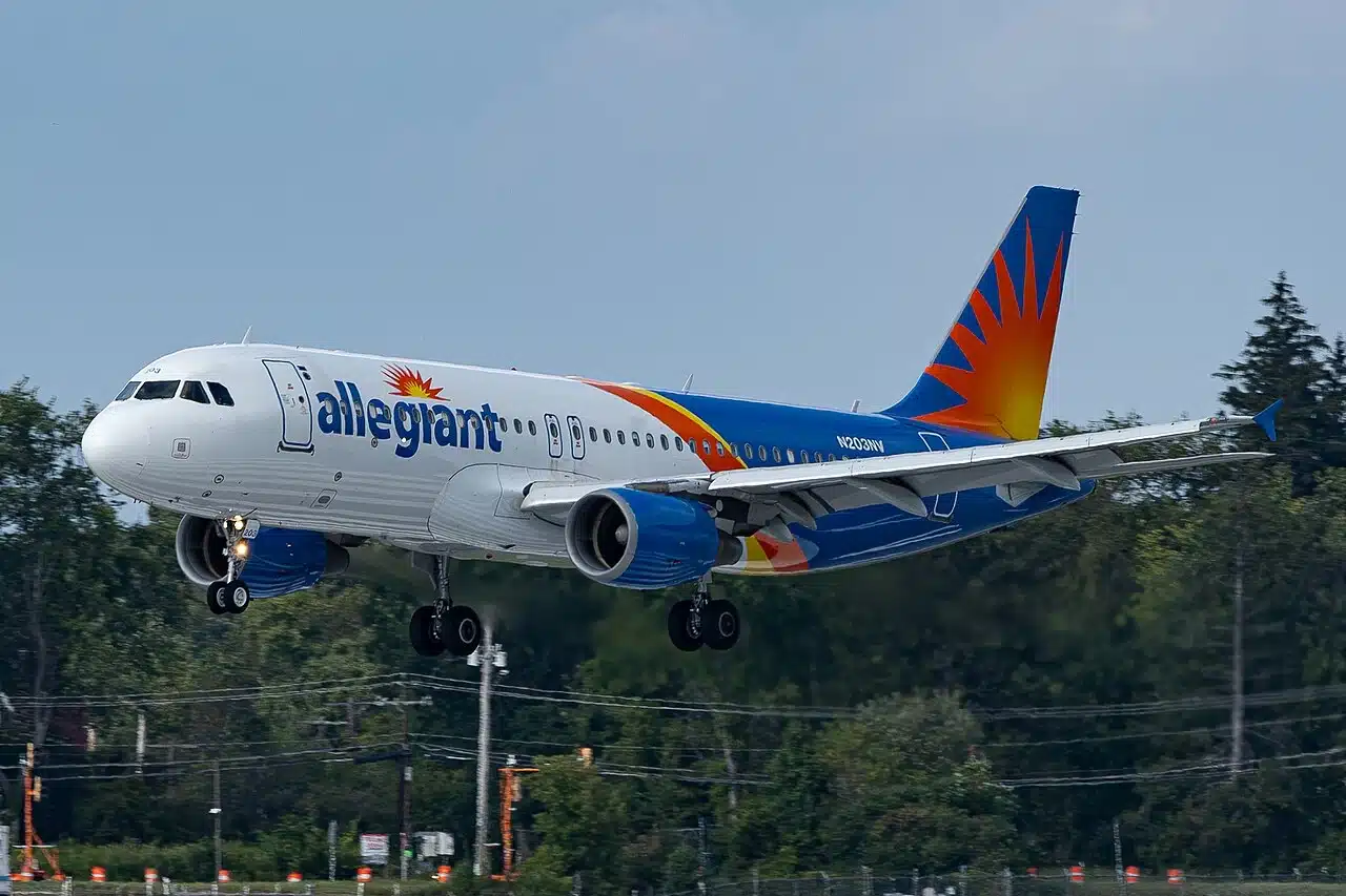 Allegiant Air Airbus A319 landing at New York Stewart International Airport.