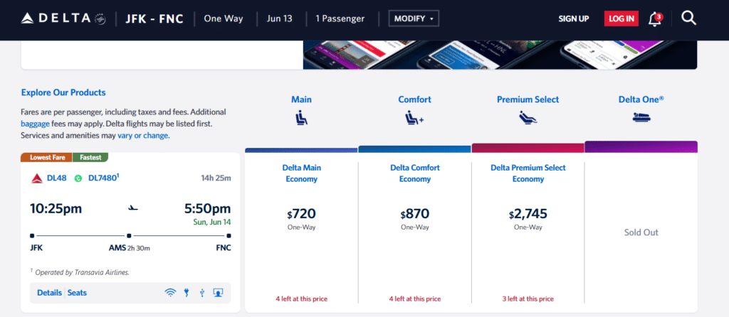 A screenshot taken from Delta's website showcasing widebody fares for flights to FNC.