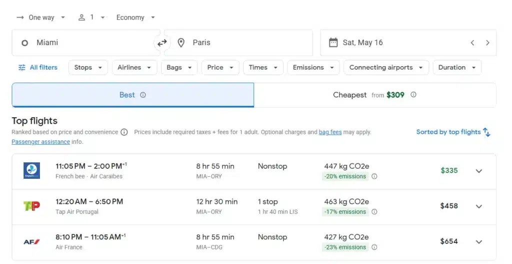 An example of the price difference between Air France and French Bee.