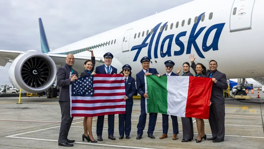 Alaska Airlines flight crew from their first flight to Rome.