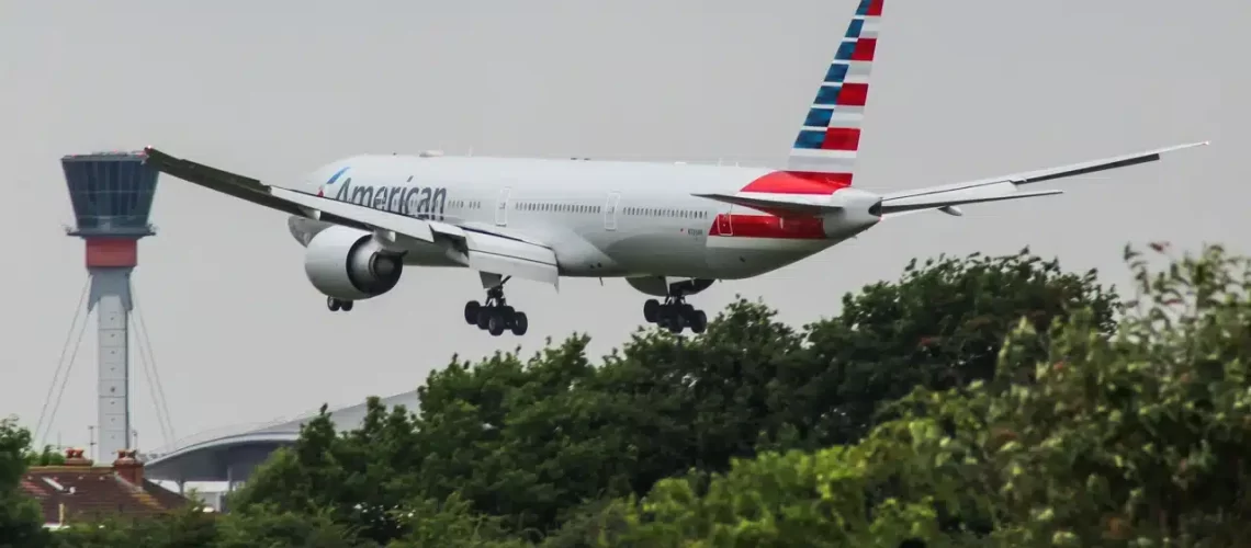 American Airlines Boeing 777 landing at London Heathrow