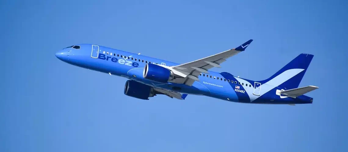 Breeze Airways Airbus A220 taking off from Los Angeles.