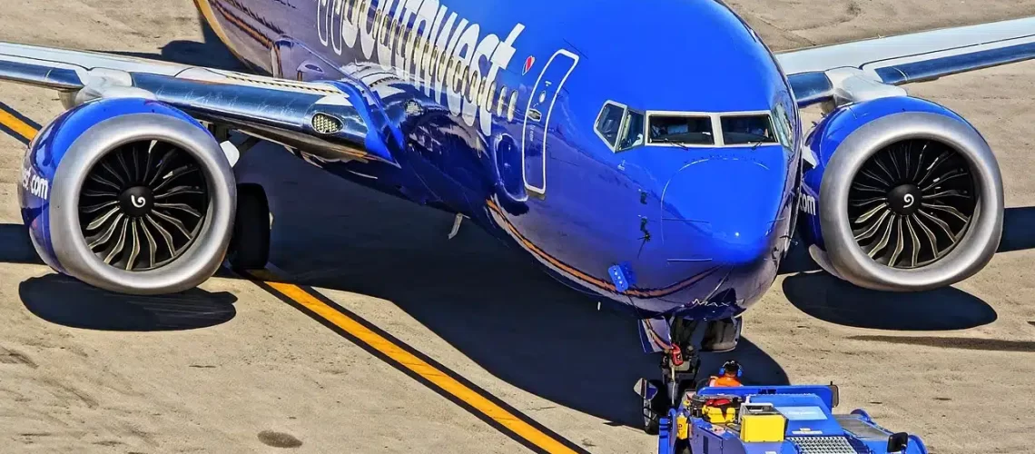 Southwest Airlines Boeing 737 Max 8 being pushed back by a tug.