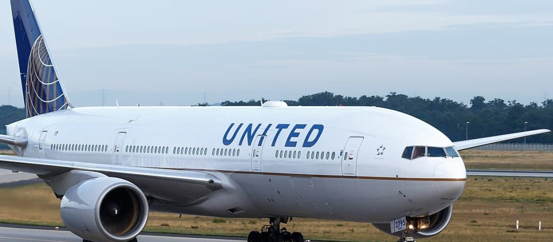 United Boeing 777 taxing to the gate.