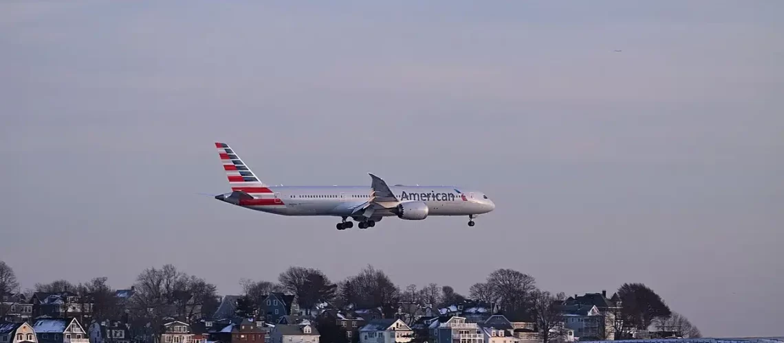 American Airlines Boeing 787 Dreamliner landing at Boston-Logan.