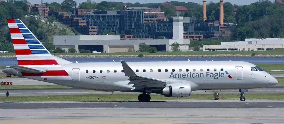 American Eagle Embraer 175 taxing around Washington National International Airport.