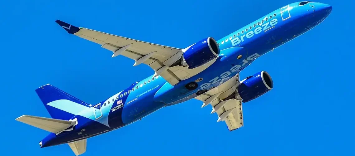 Breeze Airways Airbus A220 taking off from Las Vegas.
