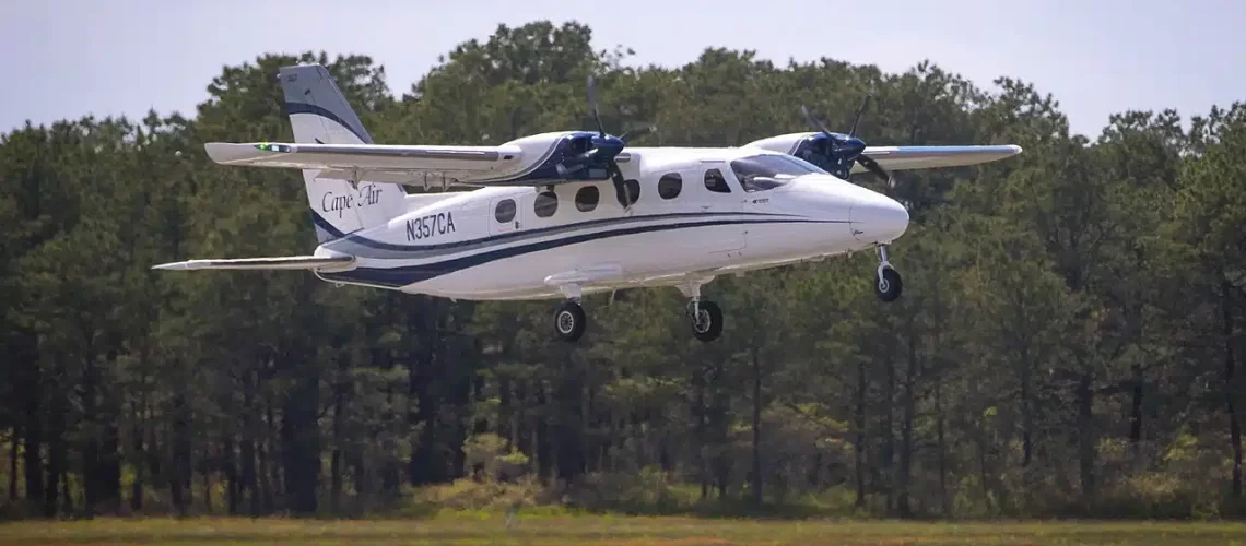 Cape Air Tecnam Traveler on its takeoff roll in Martha's Vineyard.