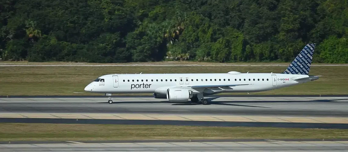 Porter Airlines Embraer 195 E2 on a takeoff roll at Tampa.